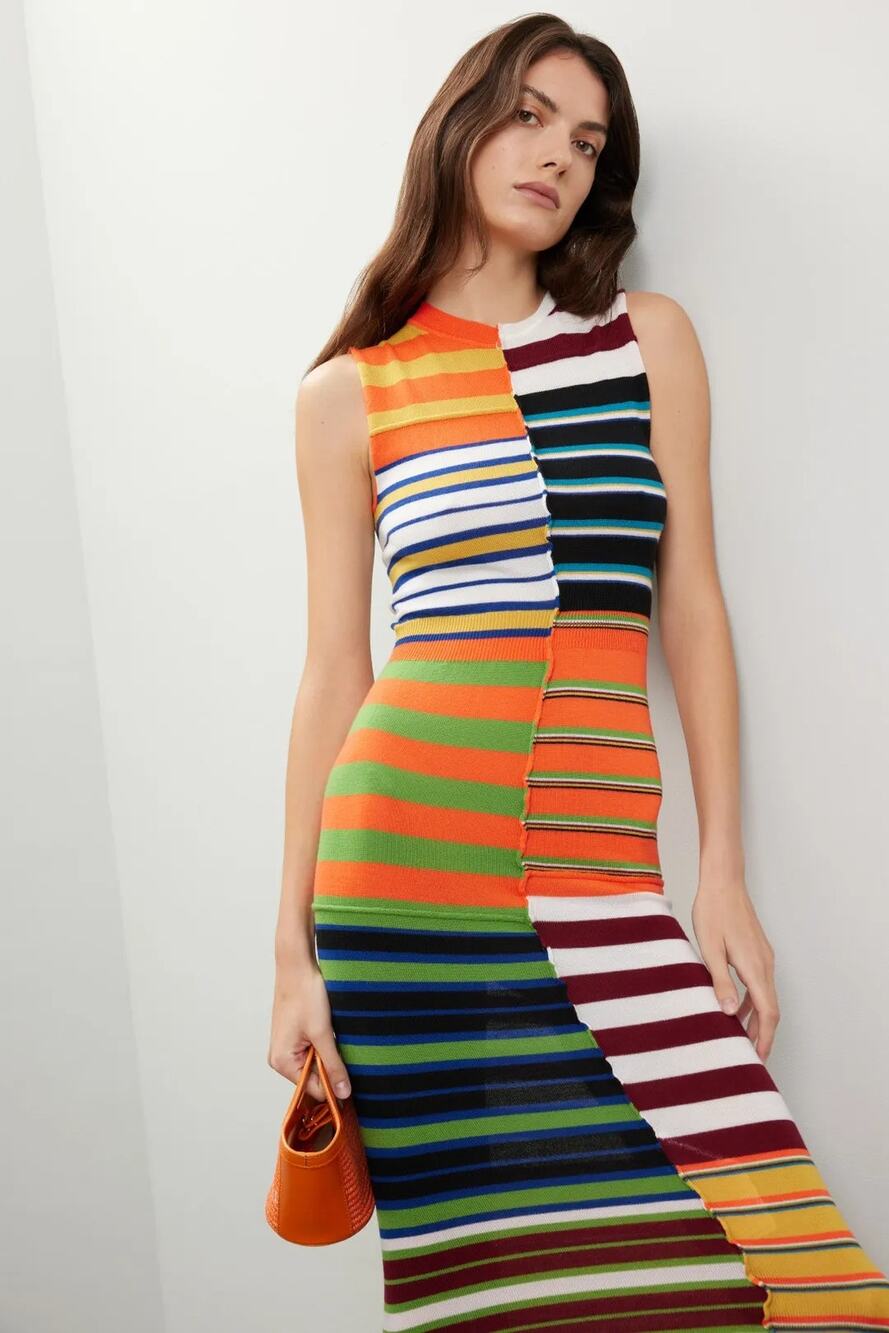 MARNI Orange Blue Patchwork Striped Wool Sleeveless Sheath Midi Dress Size XS